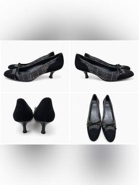 Stuart Weitzman Plaid Kitten Heel Pumps – Black Suede Cap Toe Bow Shoes – 9